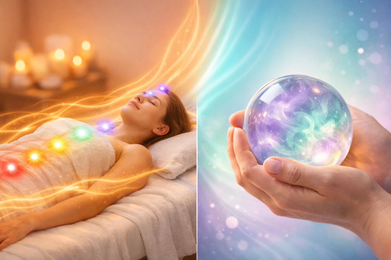 Energy healer with chakras compared to psychic medium holding crystal ball