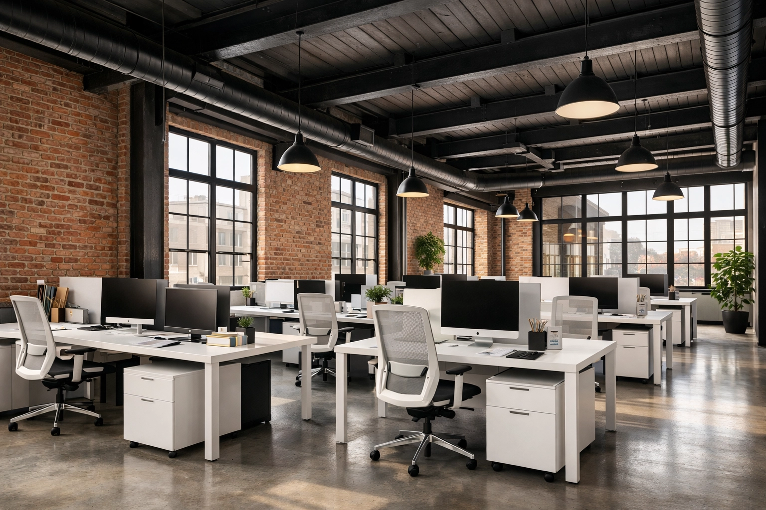 Spotless industrial-chic Detroit office workspace featuring clean workstations and professional commercial cleaning standards.