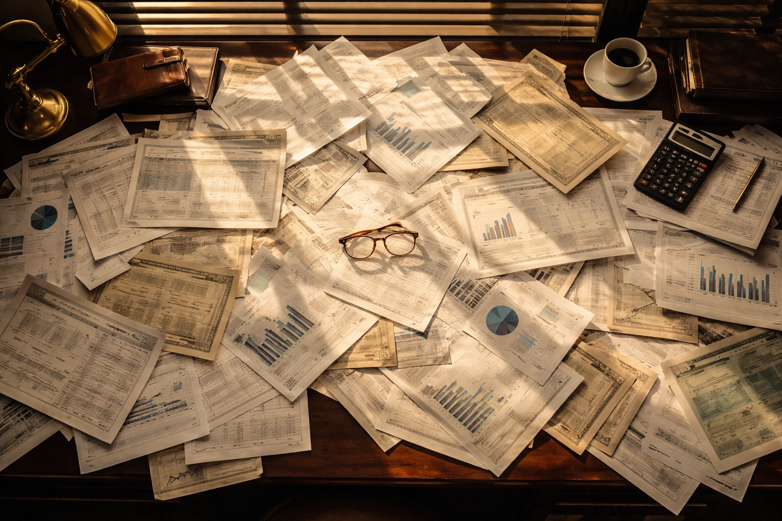 Messy executive desk filled with financial documents, symbolizing the chaos of over-diversification in investing.