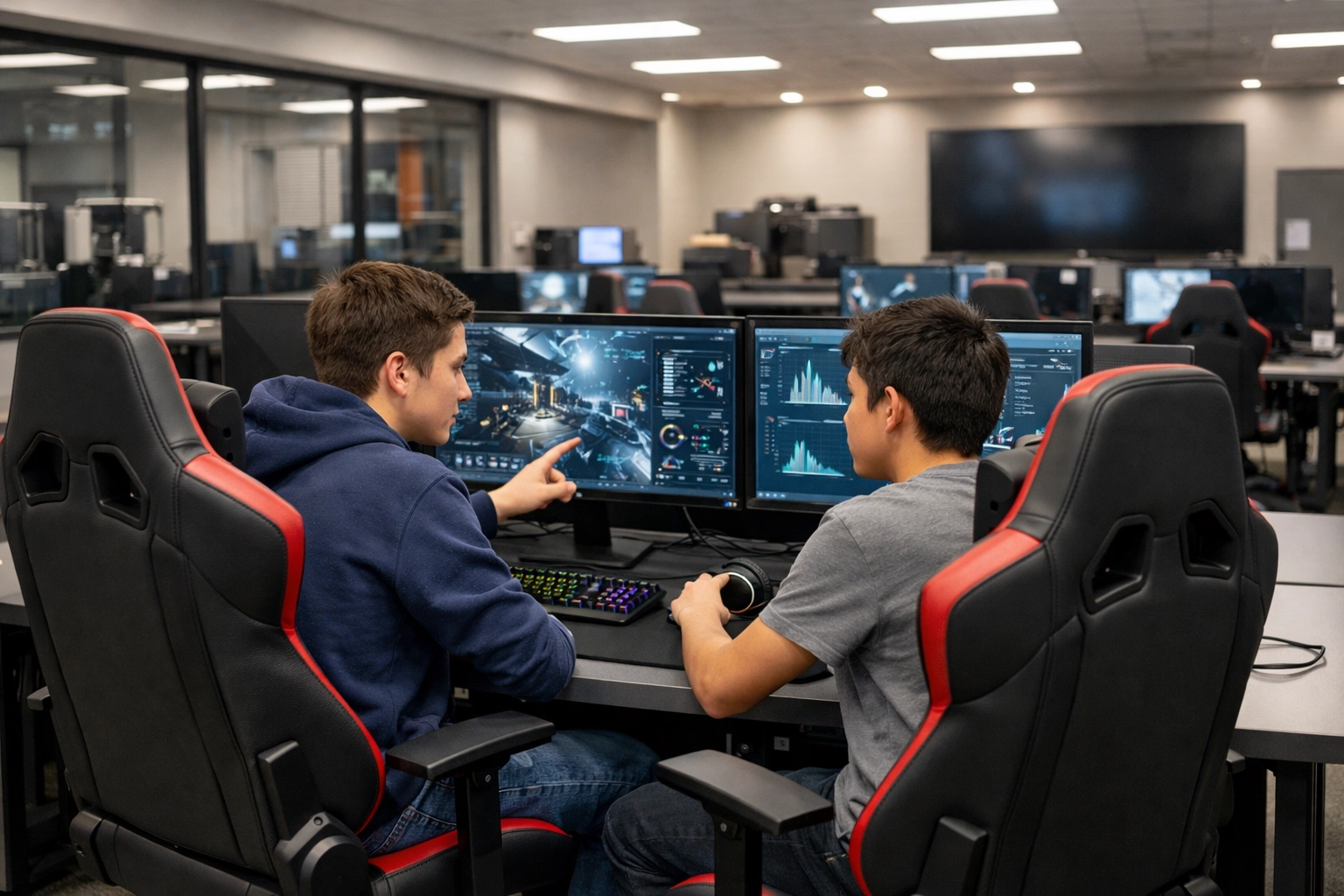 High school students at Dakdan esports gaming pods using simulation technology for advanced educational training.