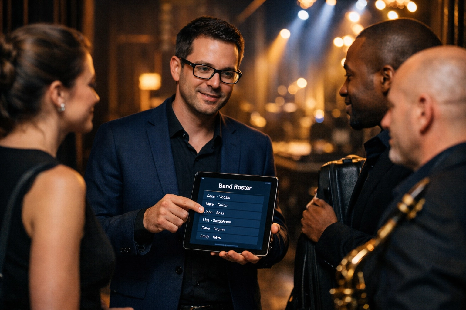 Bandleader reviewing digital band roster with musicians backstage at gala event
