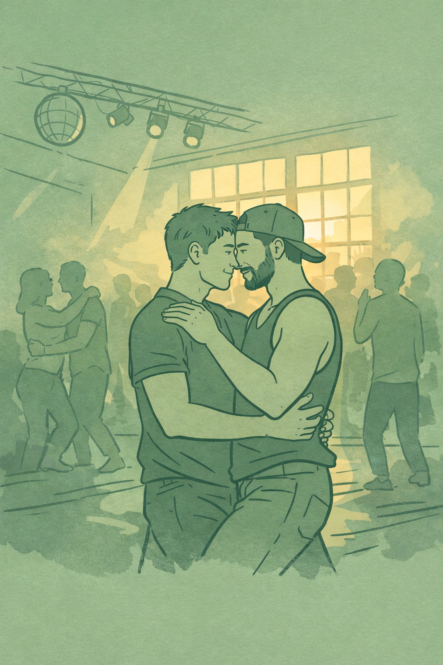 Two men dancing intimately at dawn in San Francisco's legendary The End Up after-hours gay nightclub