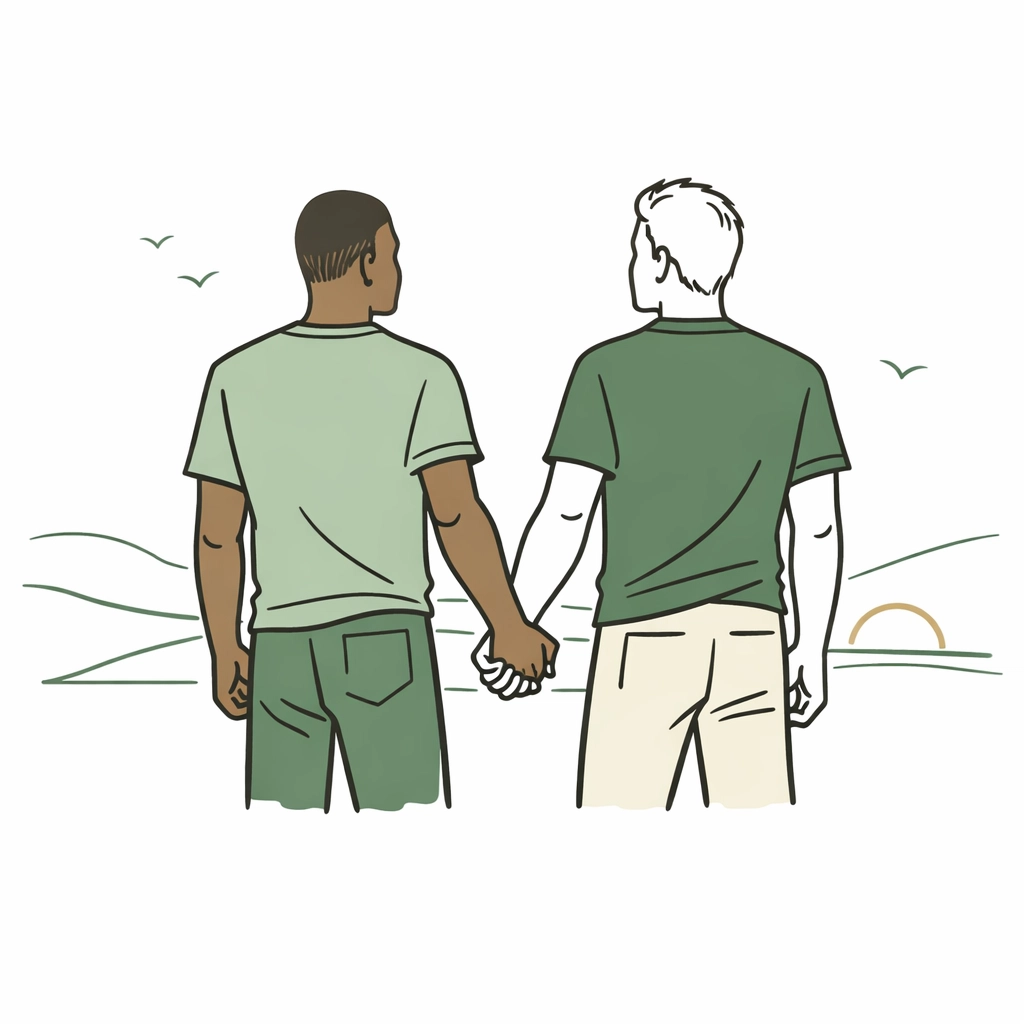Diverse MM couple holding hands and looking toward the horizon, symbolizing resilience and solidarity.