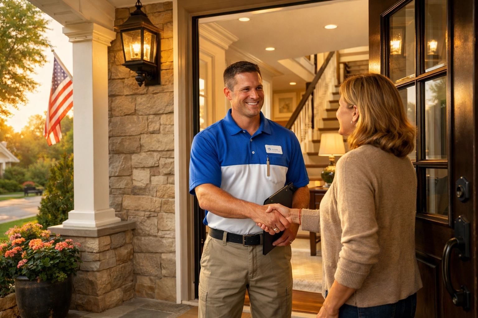 A friendly professional cleaner arriving for a residential cleaning service mission in Needham MA.