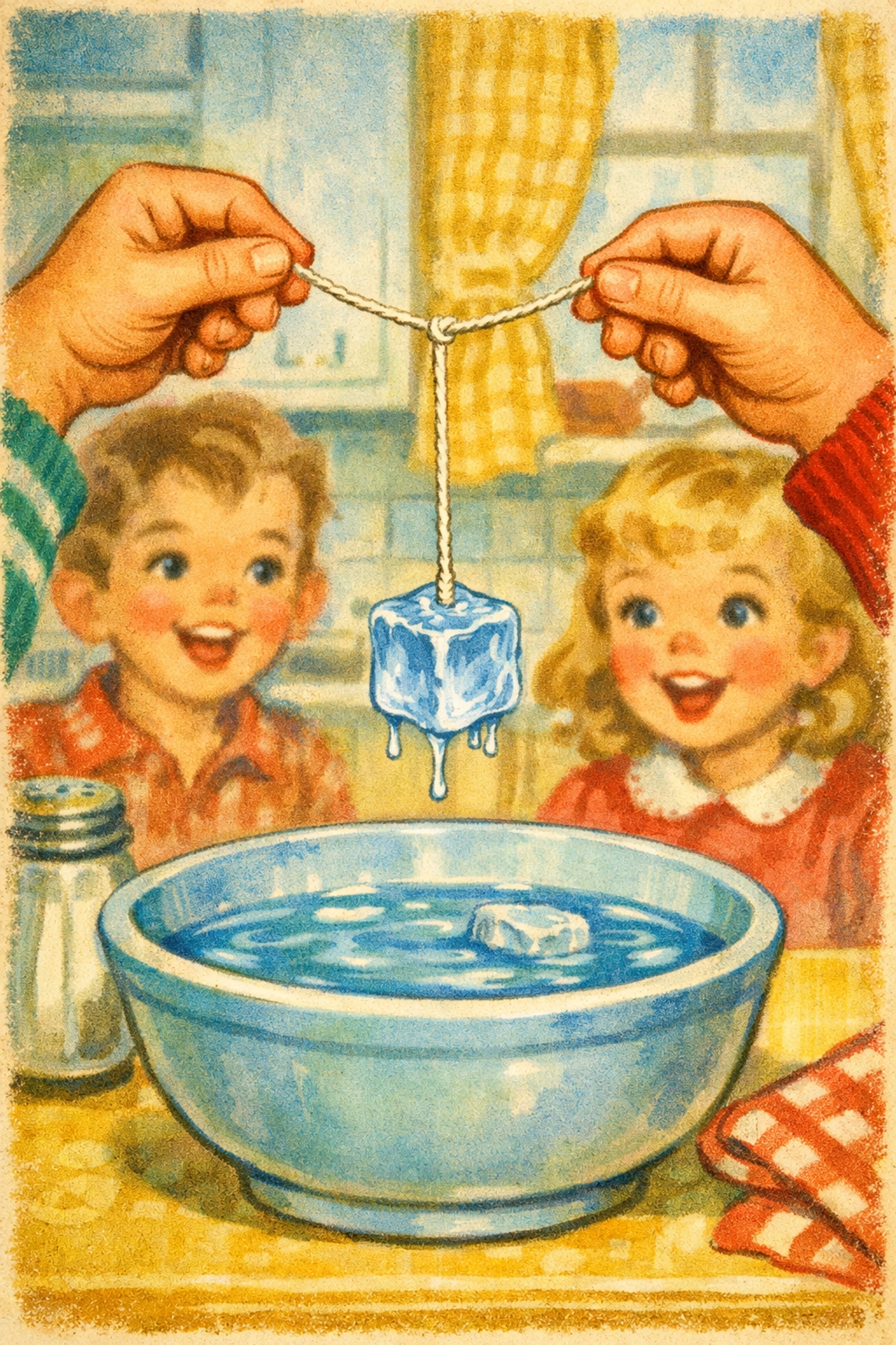 Successfully lifting ice cube with string after salt created frozen bond