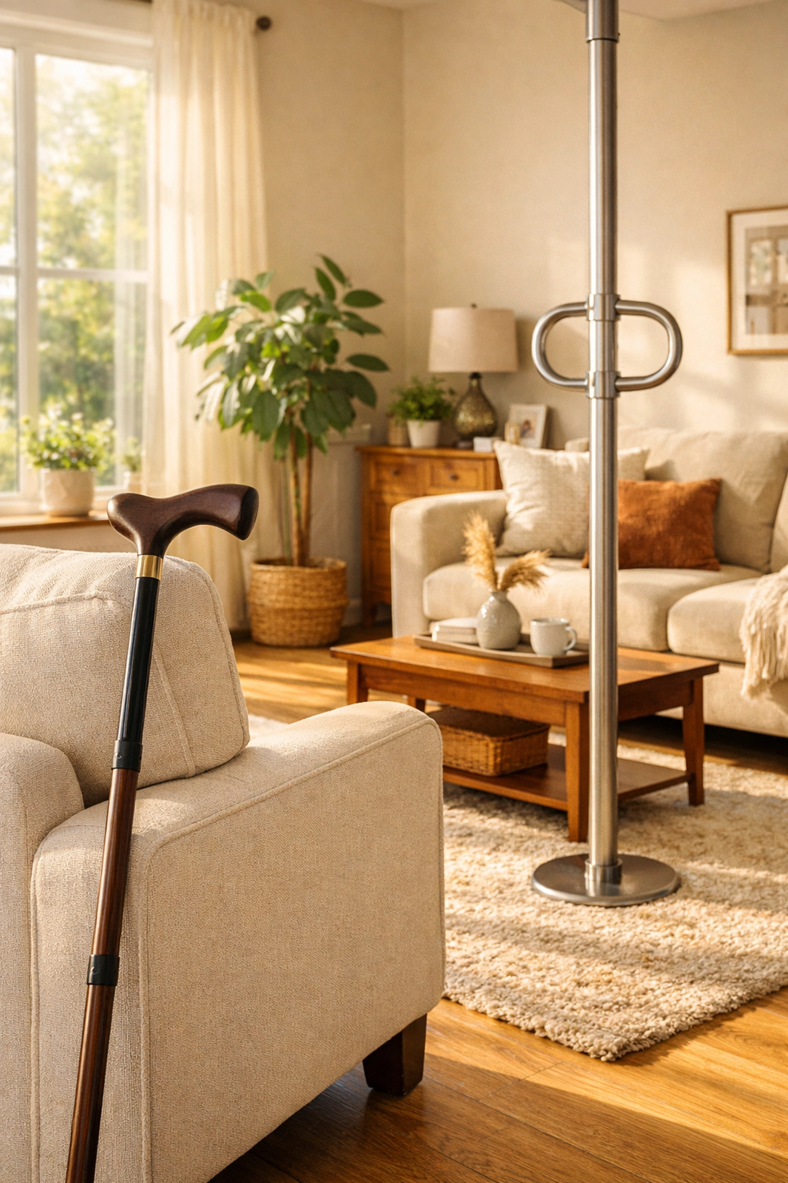 Modern living room with a wooden cane and a floor-to-ceiling transfer pole for senior mobility.