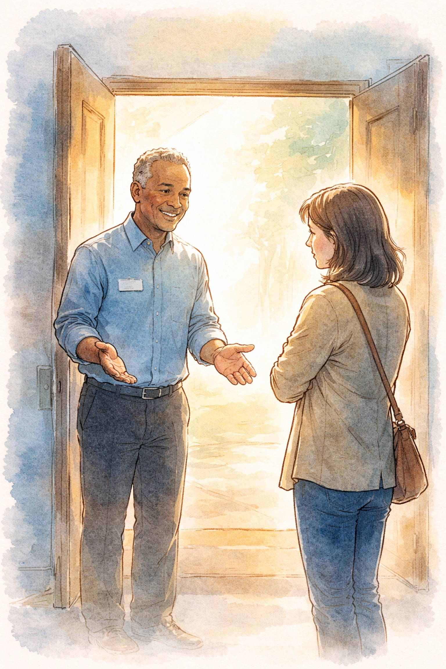 Church greeter offering a welcoming hand to a hesitant visitor, showing open and closed body language cues at the front door.