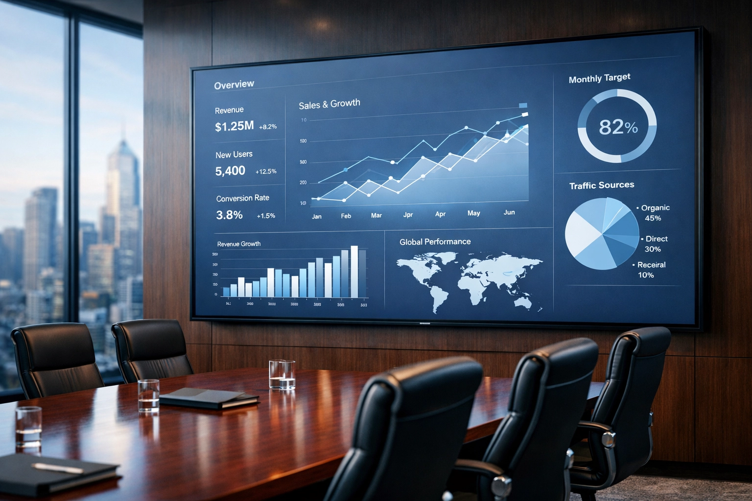 High-tech boardroom displaying data analytics for strategic media holding oversight and business intelligence.