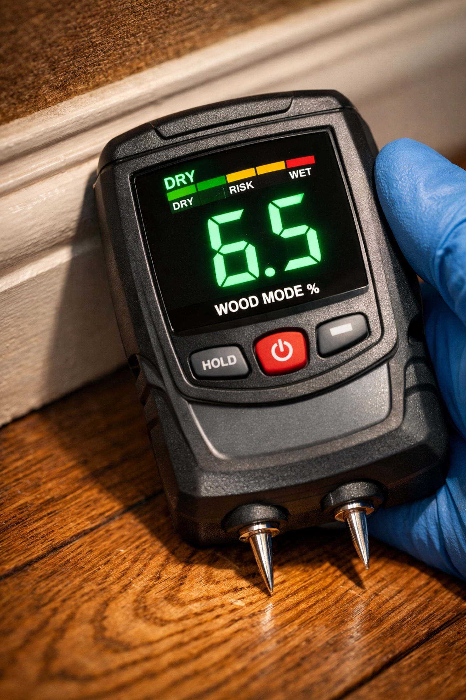 Expert technician using a precision moisture meter to check for hidden dampness in wooden flooring.