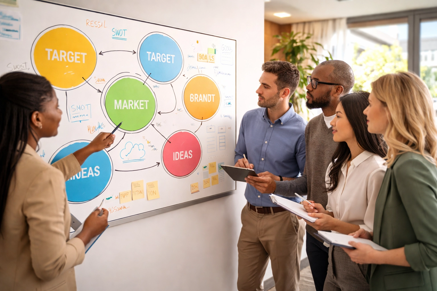 Team of consultants analyzing a colorful strategic planning board, focusing on market positioning, teamwork, and business growth.