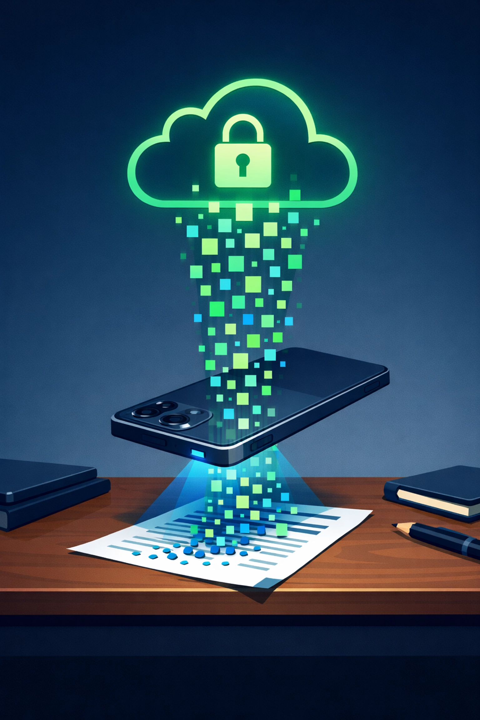 Smartphone scanning tax documents into a secure digital cloud for virtual preparation and sync.