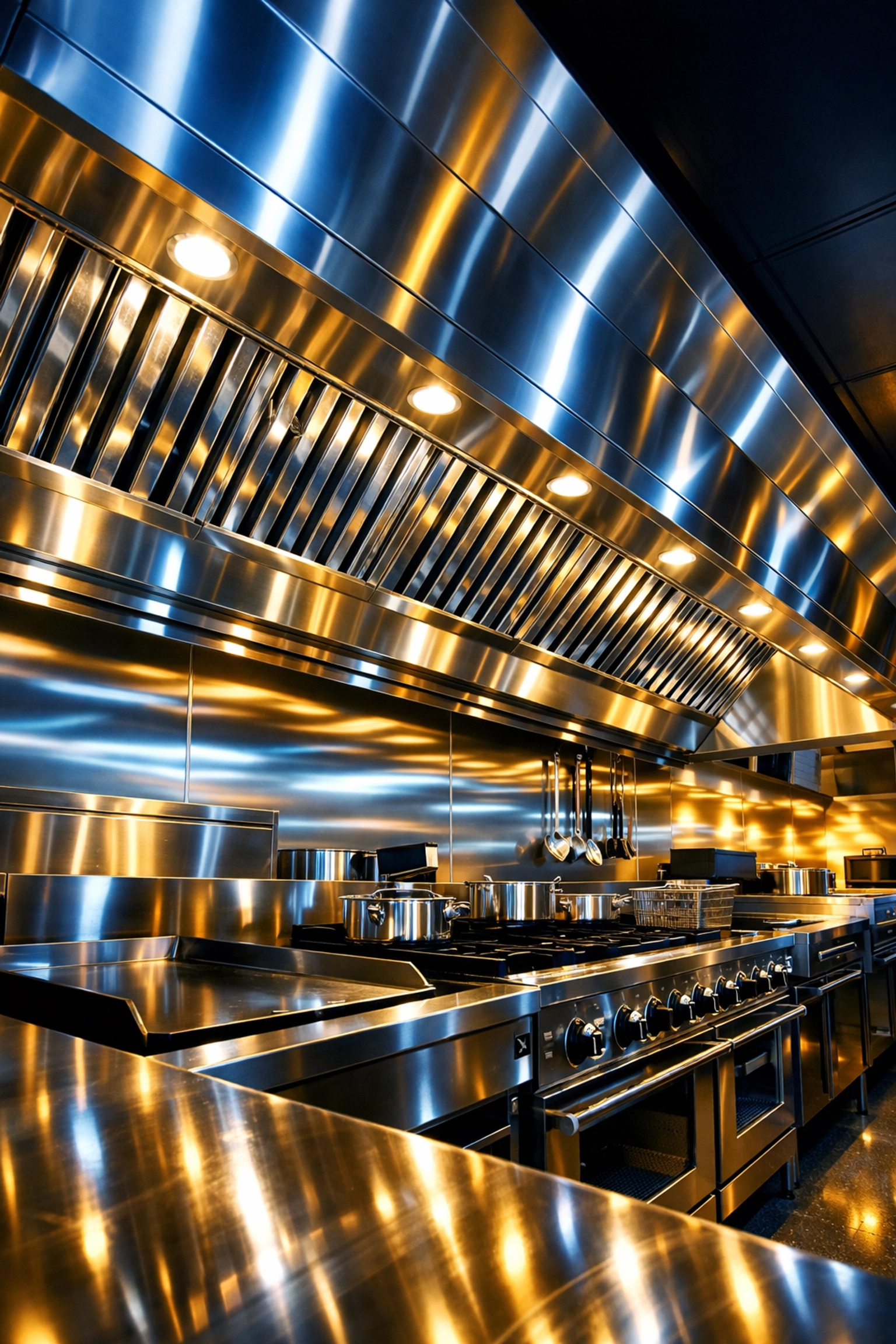 Spotless commercial kitchen exhaust hood and cooking line ready for health inspection.