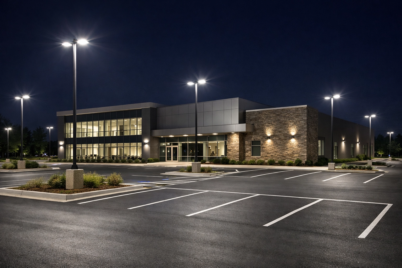 Commercial office space with smart LED lighting zones and energy-efficient design