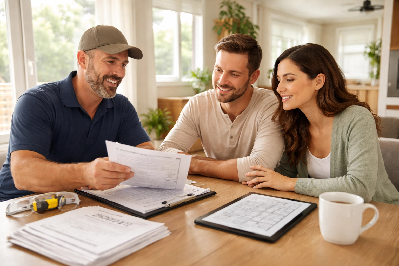 Couple reviewing manufactured home permits with a contractor at their kitchen table