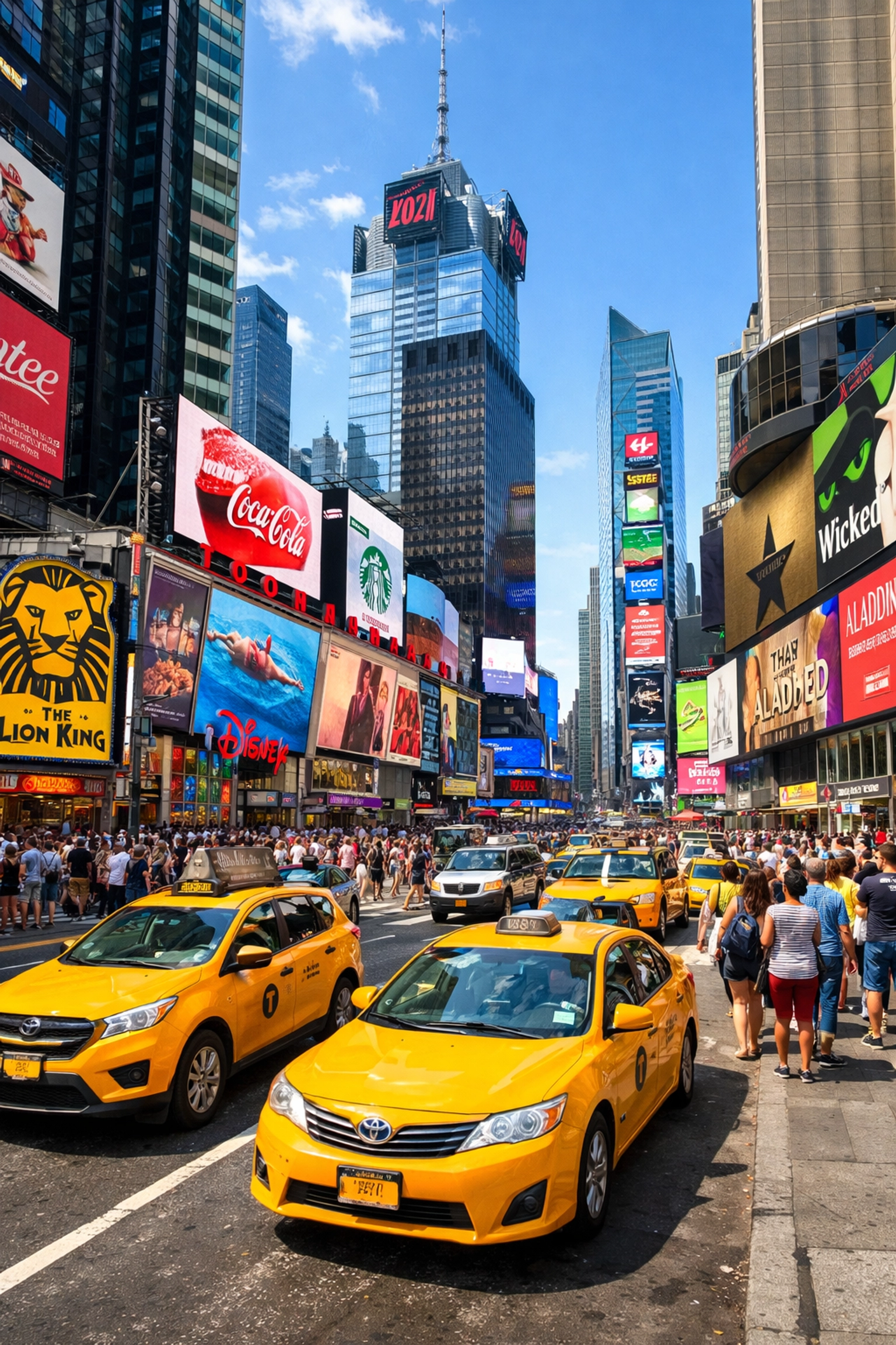 Busy Times Square intersection with digital billboards and crowds in New York City