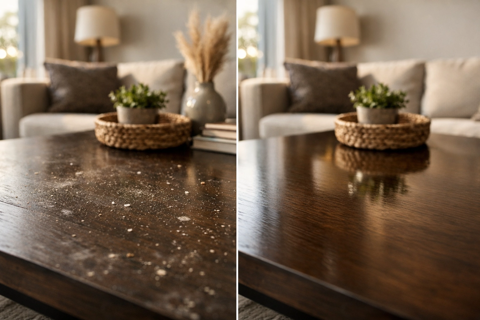 Before and after comparison showing dusty versus professionally cleaned living room table