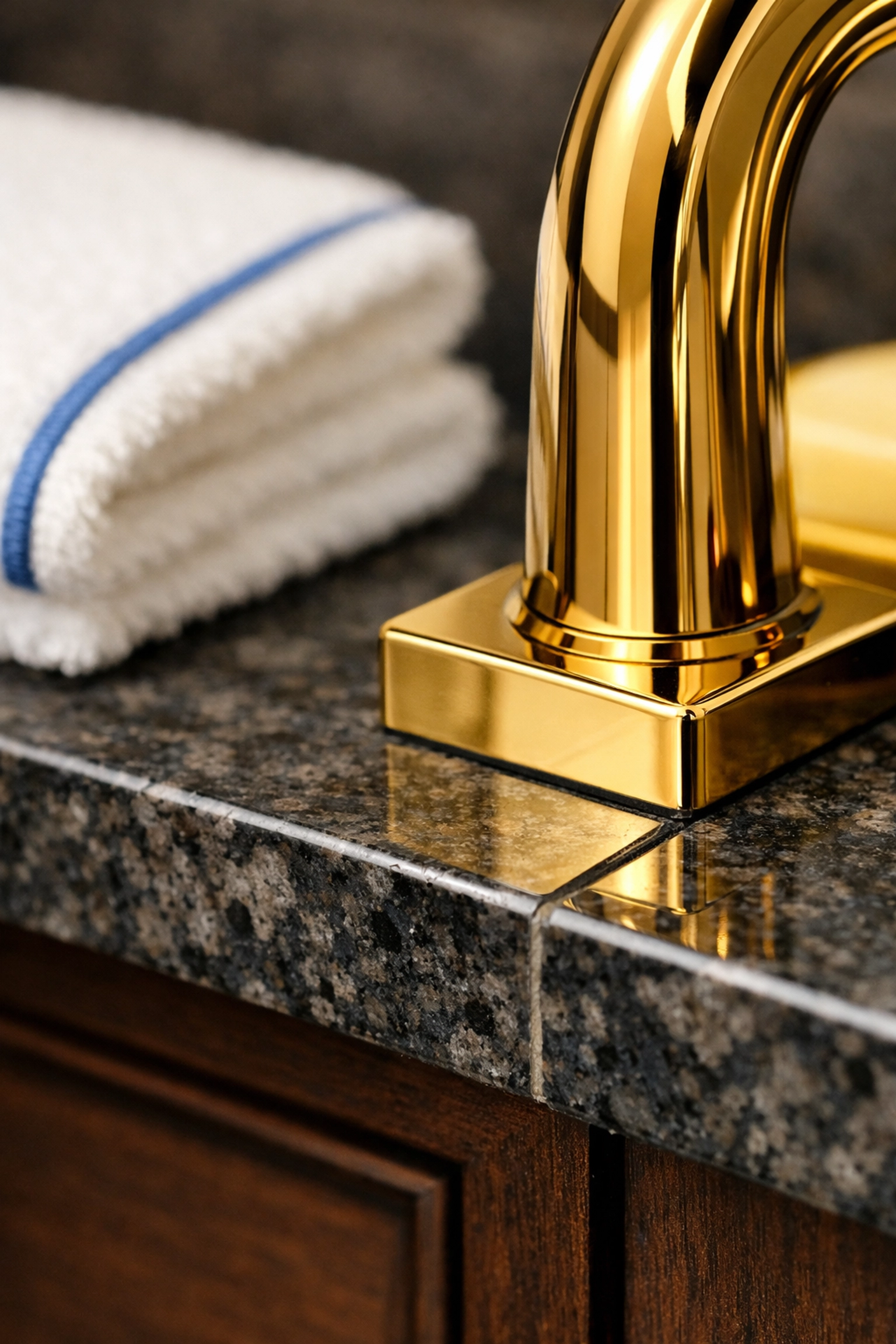 Detailed view of a spotless gold faucet and granite counter from luxury residential cleaning Massachusetts.