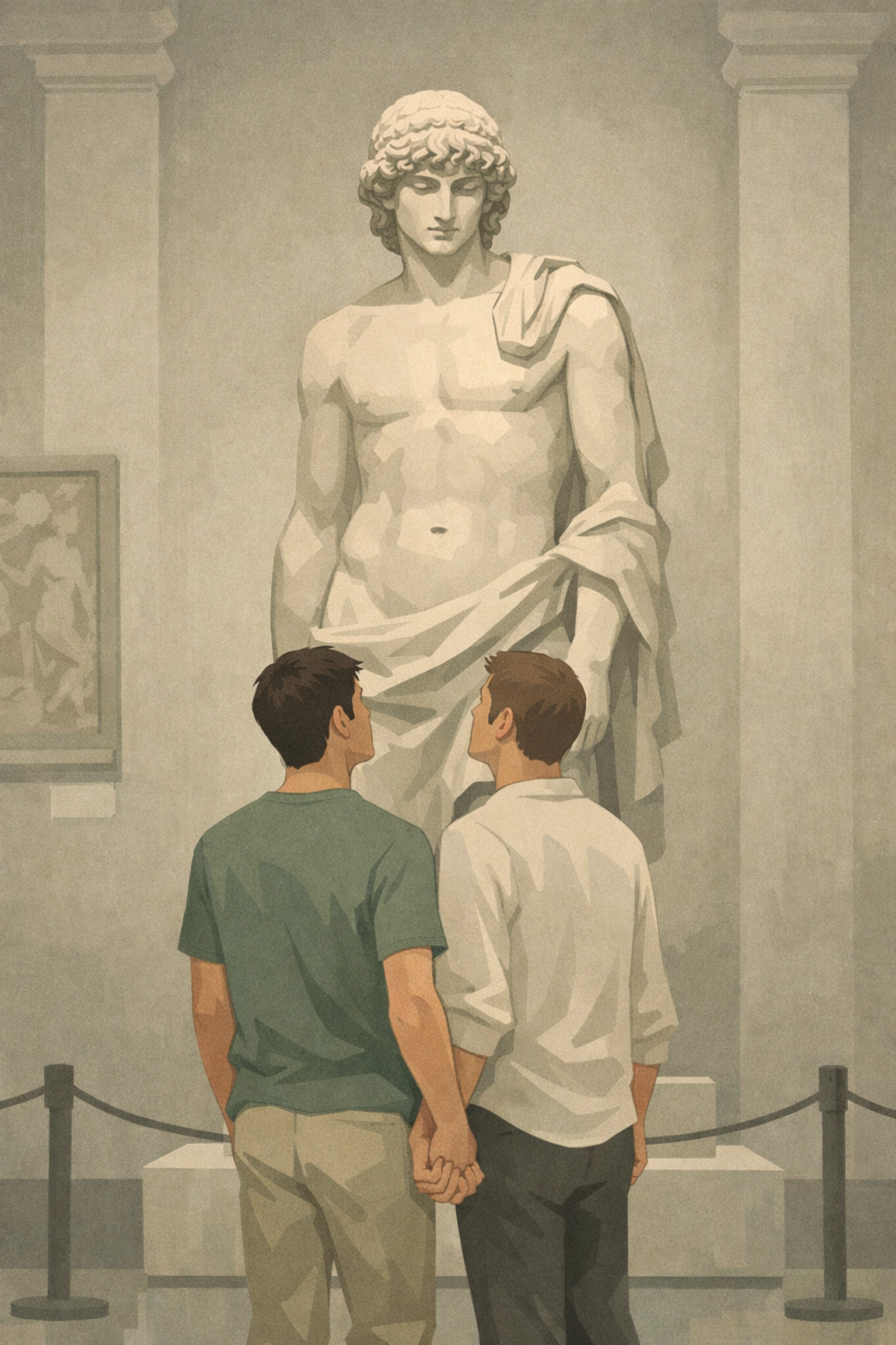 Modern male couple admiring ancient Roman statue of Antinous in museum