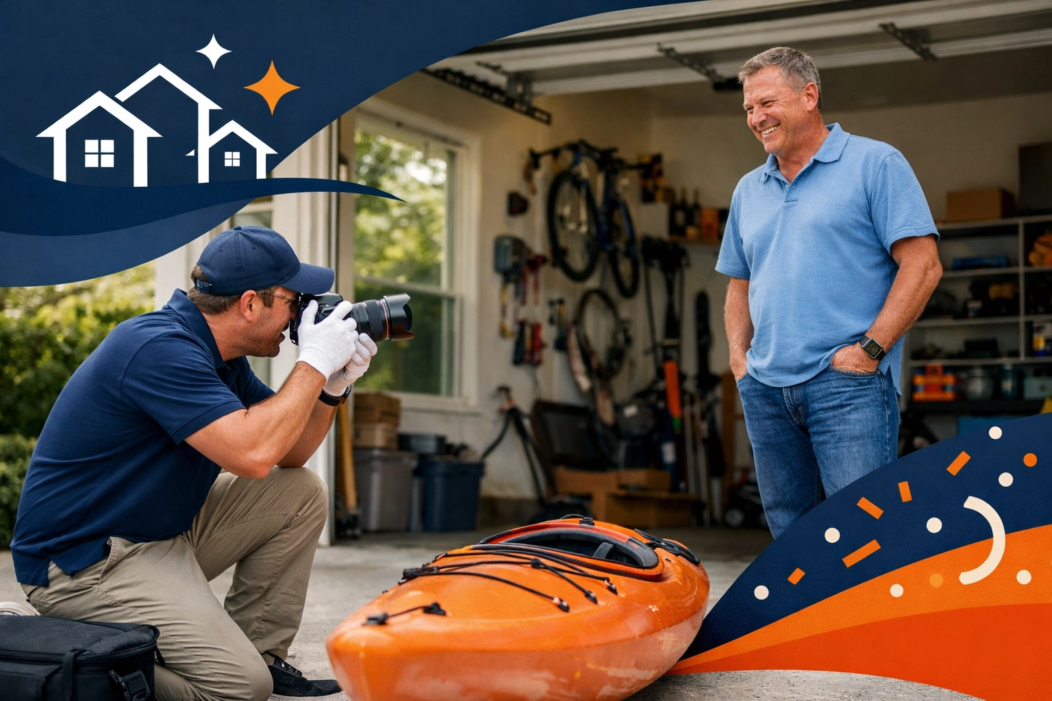 Professional photographer capturing images of a kayak in a garage for a rental listing.