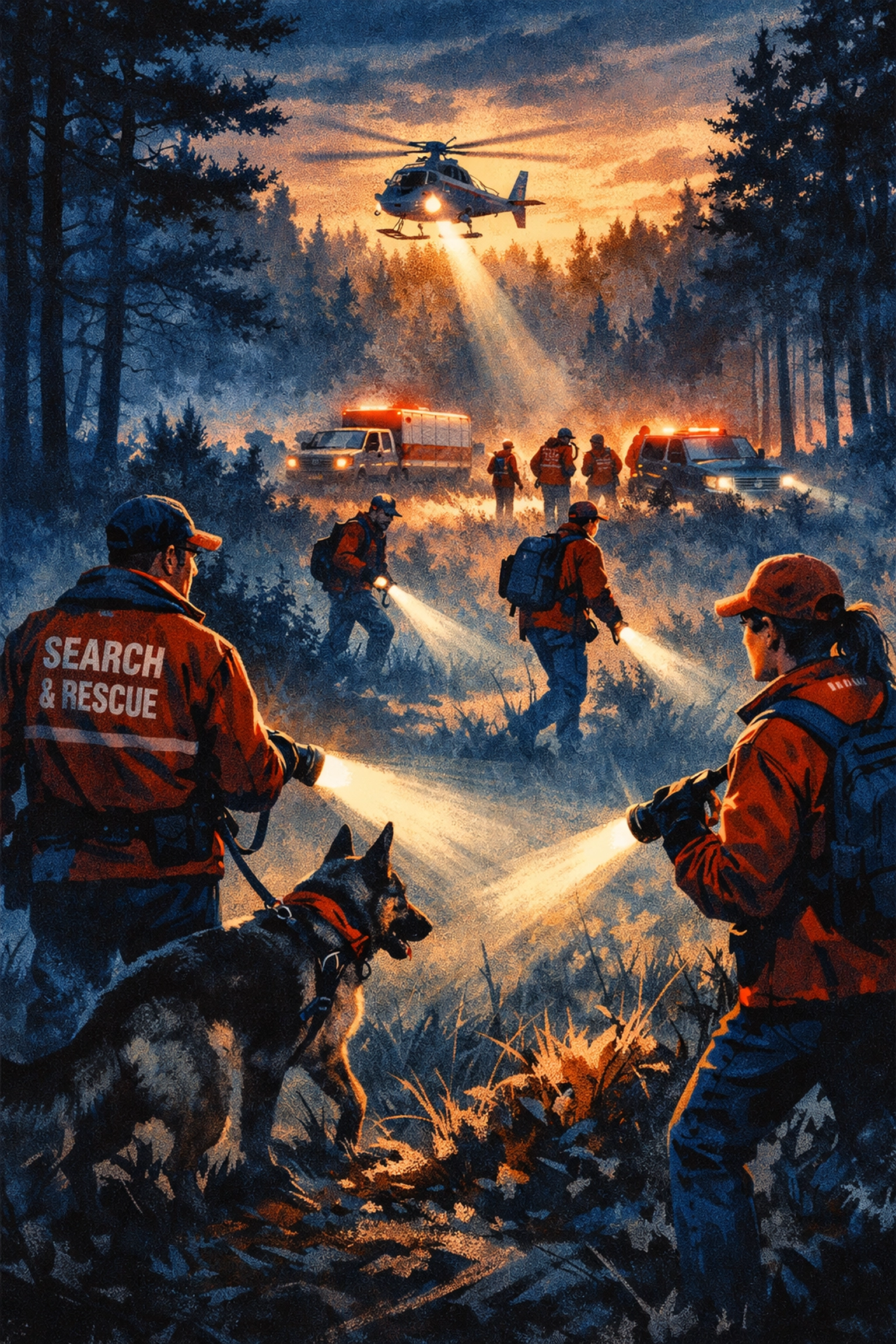 Search and rescue volunteers with flashlights in wooded area at dawn