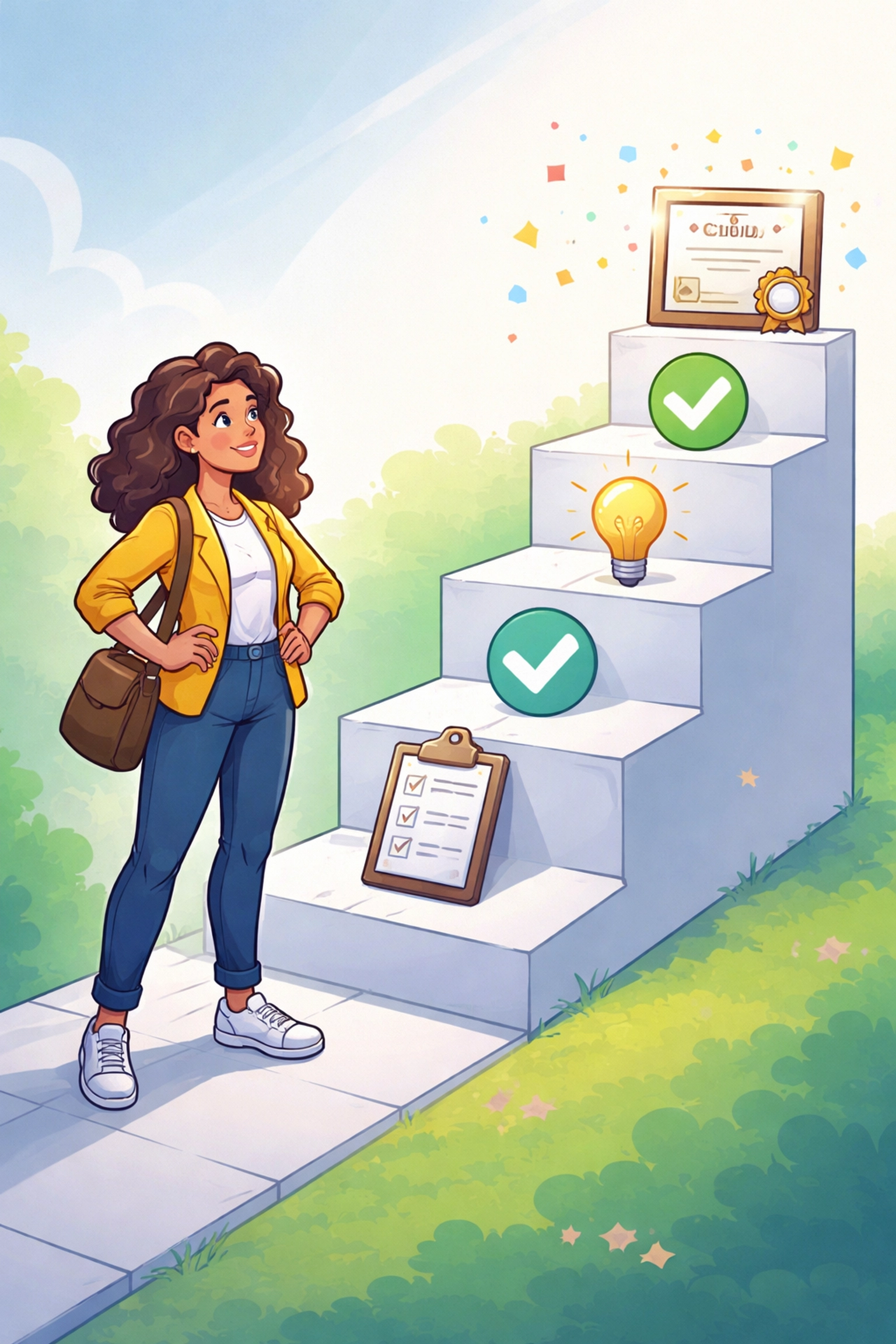 Startup founder climbing steps with icons marking the ISO 42001 certification journey, symbolizing startup success and growth