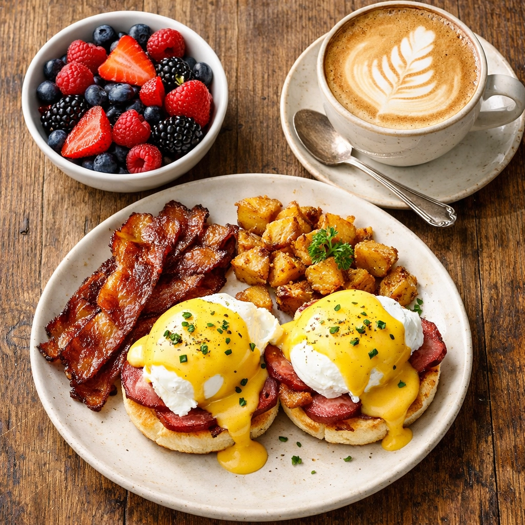 A delicious Montreal brunch spread with eggs benedict and coffee at a local cafe.