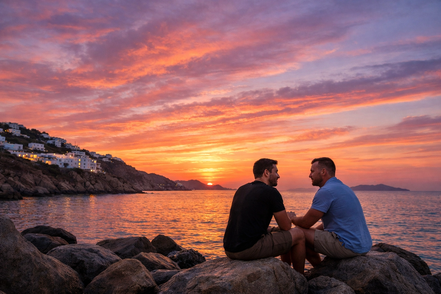 Gay men in conversation at Mykonos sunset capturing romantic Greek island atmosphere