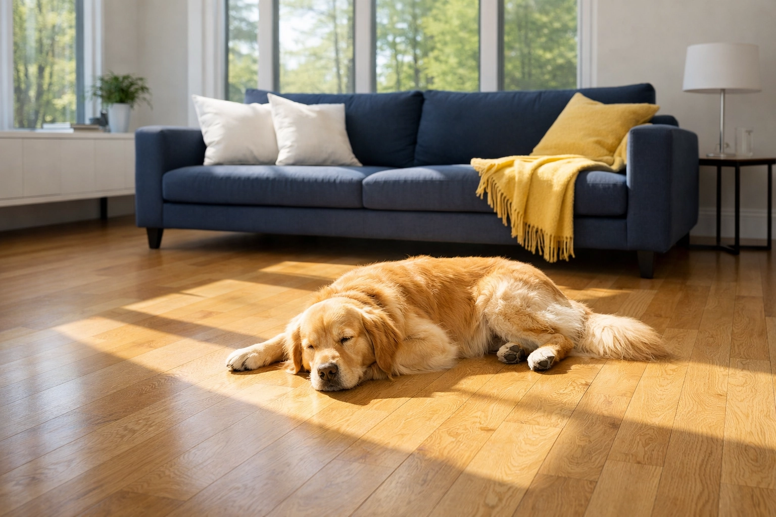 A Golden Retriever napping on clean hardwood floors in a pet-friendly Wayland living room.