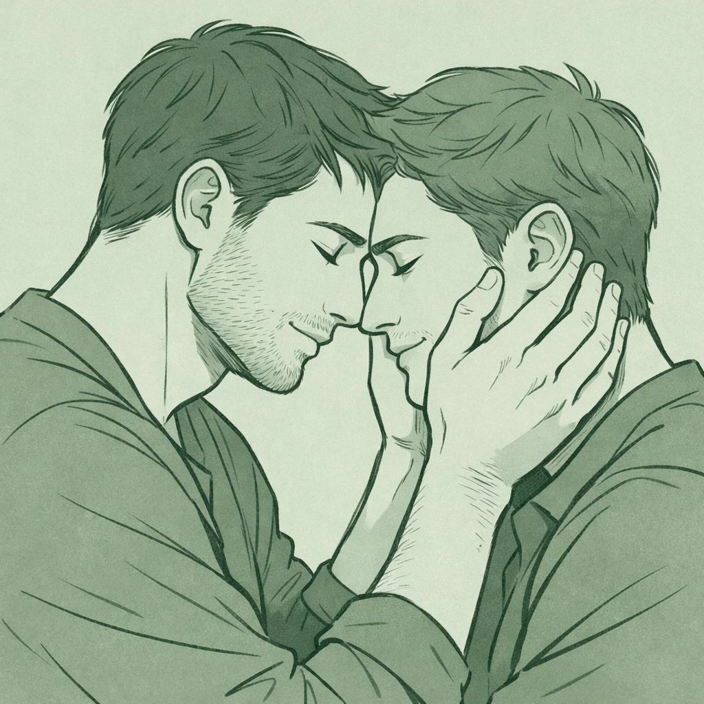 Intimate MM couple sharing a moment of emotional courage in contemporary gay literature.