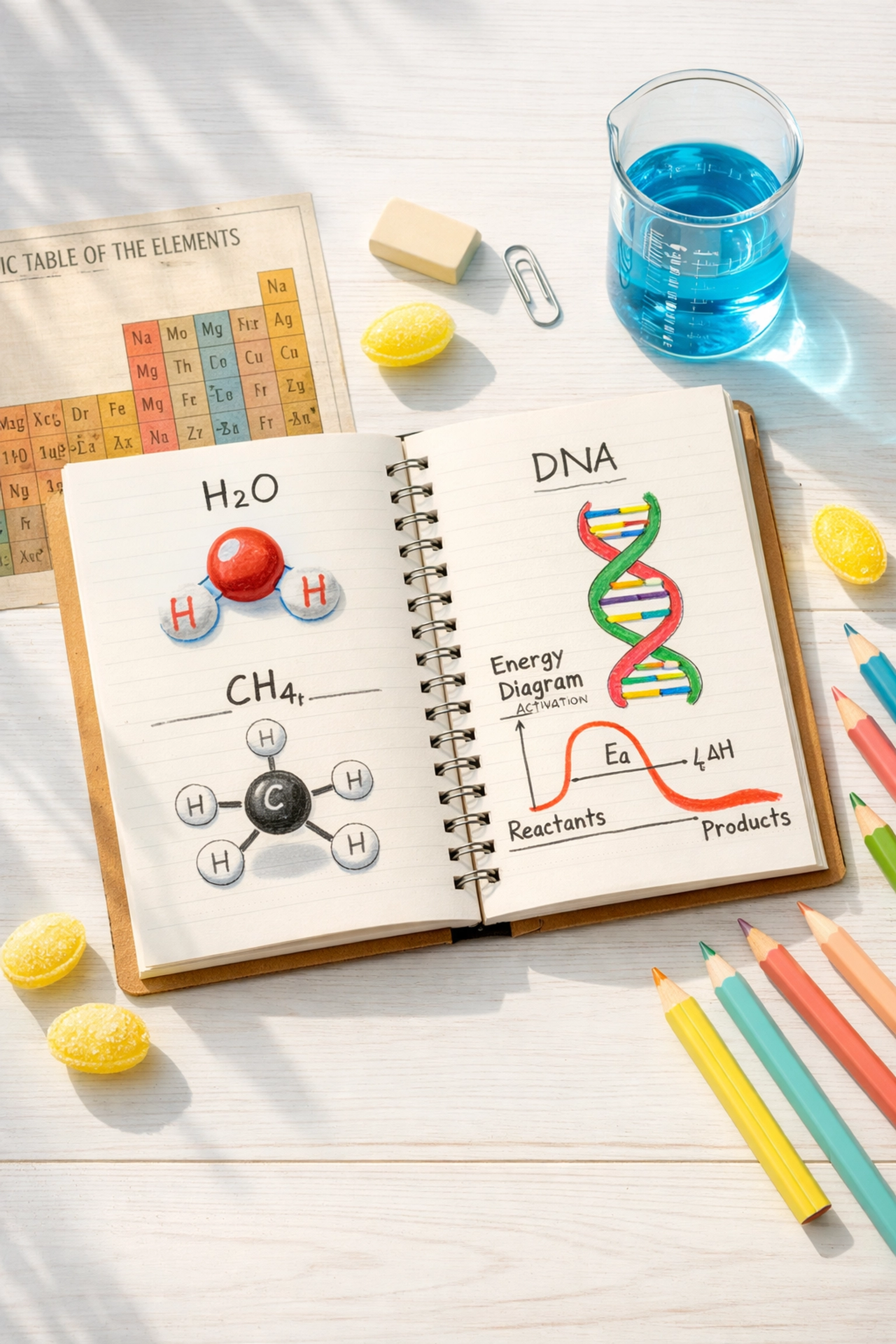 Chemistry Olympiad study materials including molecular diagrams and sherbet lemon candies on desk