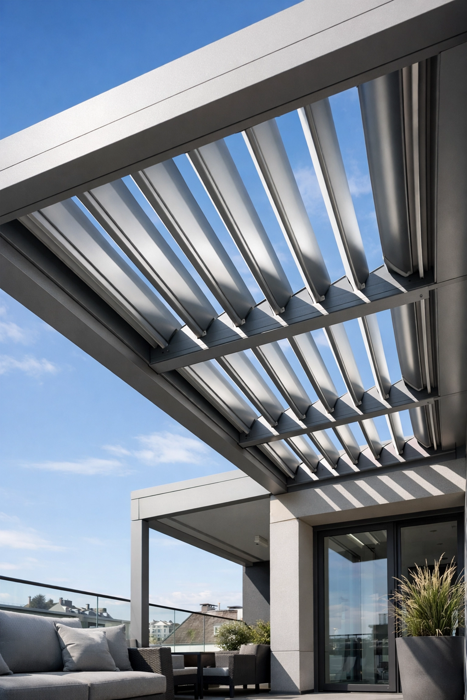 Modernes Lamellendach Wien mit verstellbaren Lamellen auf zeitgenössischer Terrasse