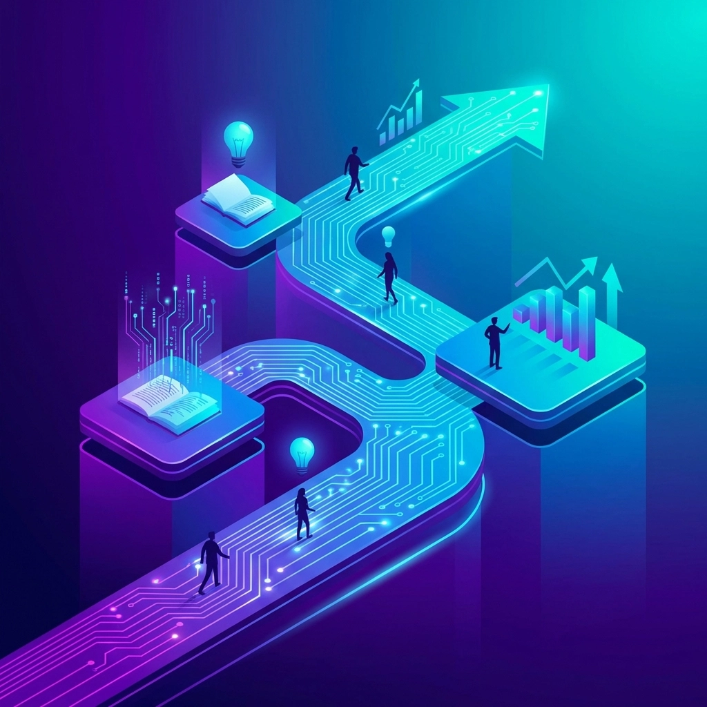 Symbolische Darstellung von kontinuierlichem Lernen bei AI Literacy KMU: Pfad mit Lernplattformen und KI-Wissenssymbolen, Fortschritt und Wachstum.