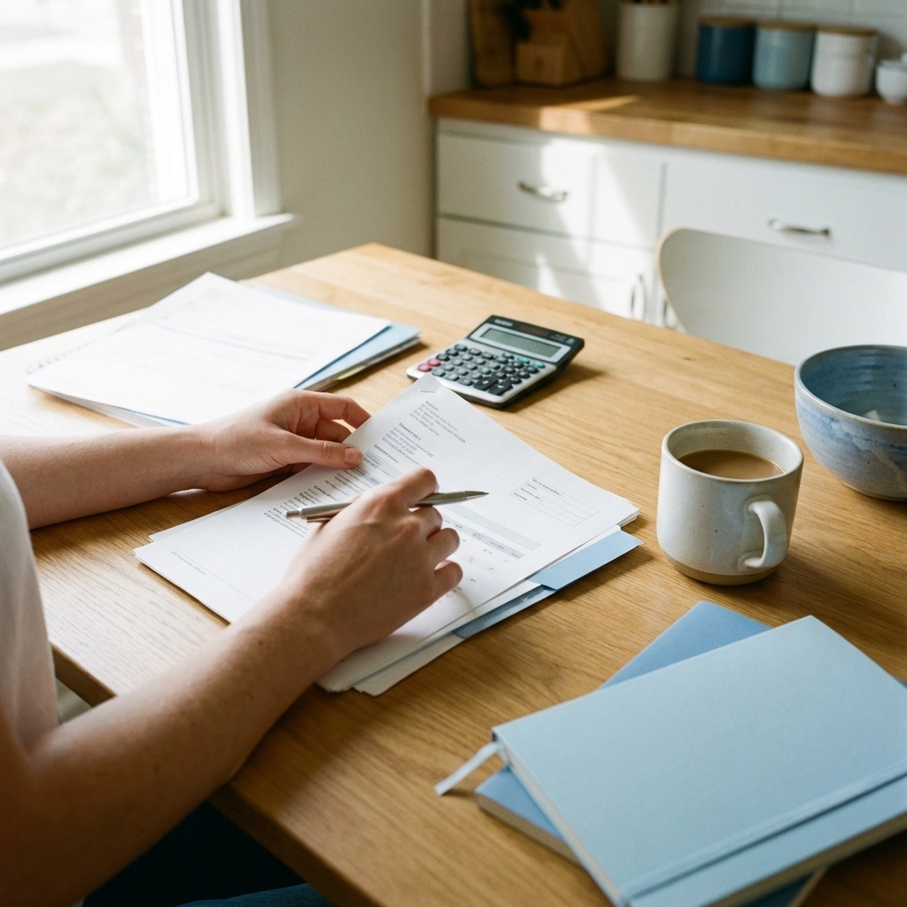 Hands review insurance documents at a kitchen table, highlighting careful planning for family security