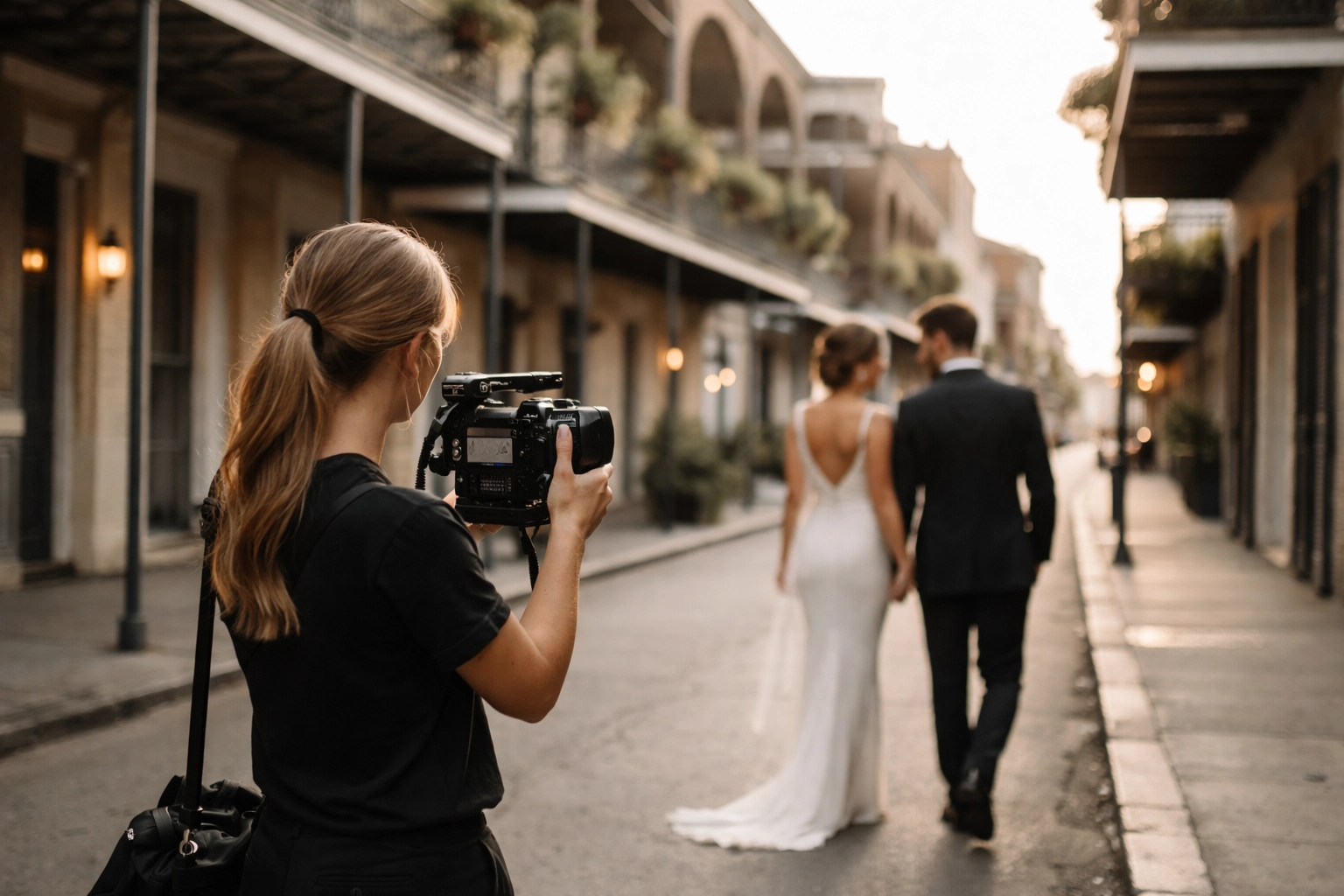 Female wedding videographer filming an opposite-sex couple on an evening stroll in the French Quarter
