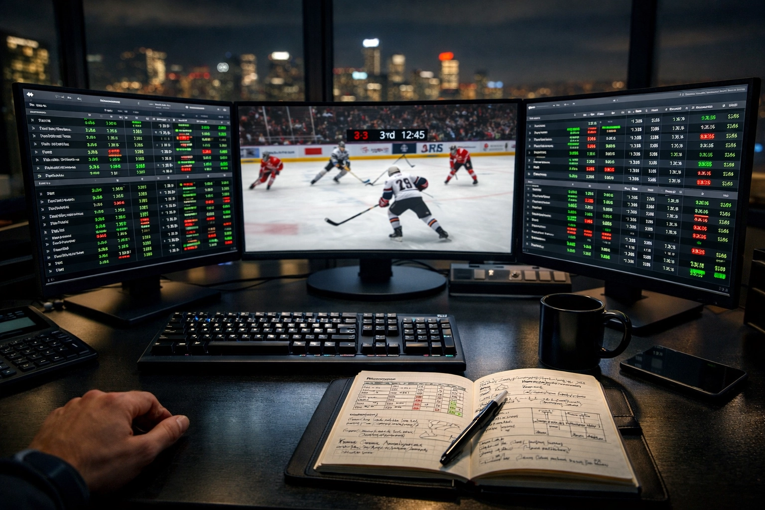 Professional sports betting workstation displaying real-time data for advanced NHL betting analytics.