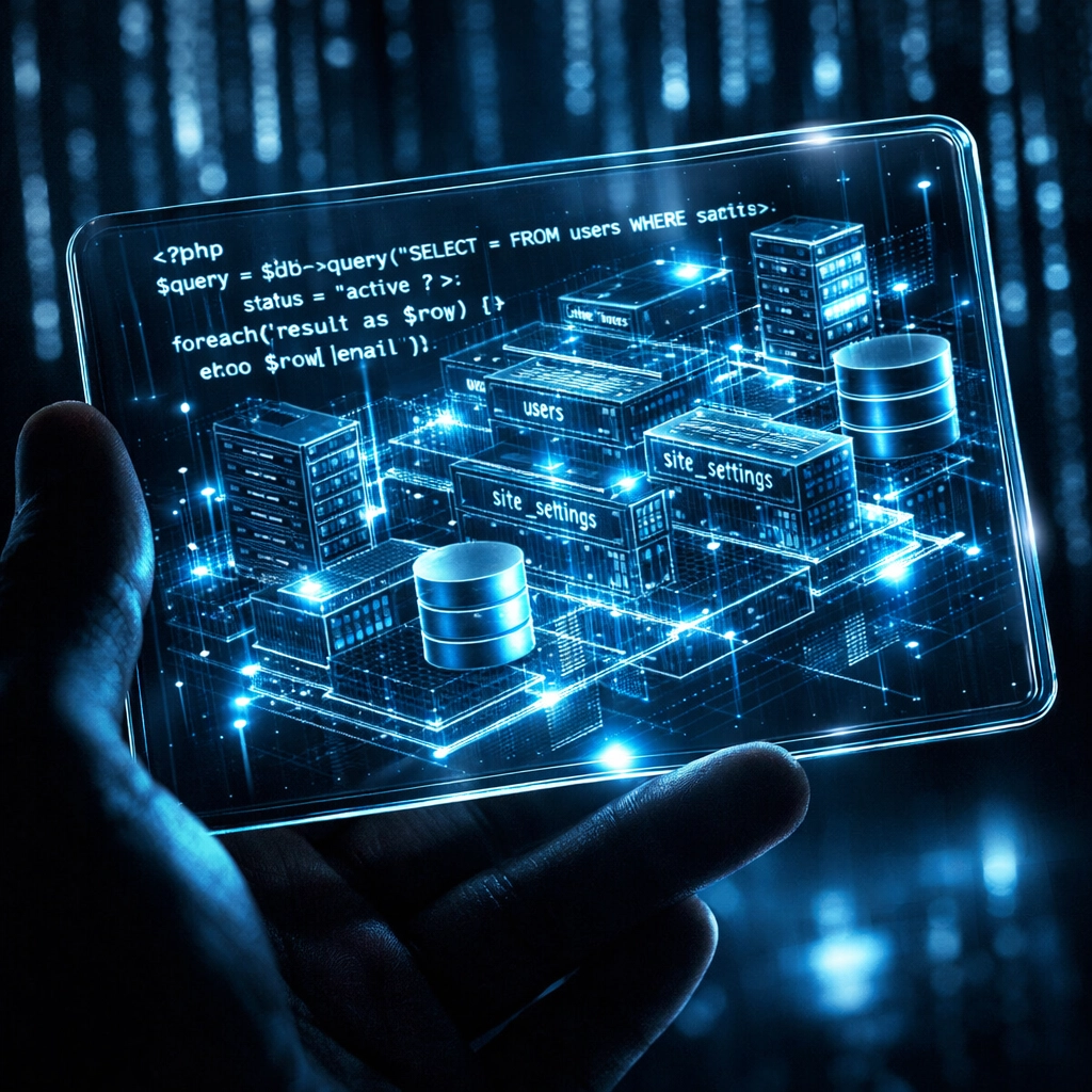 Hand holding a tablet with complex WordPress backend code and technical website architecture.