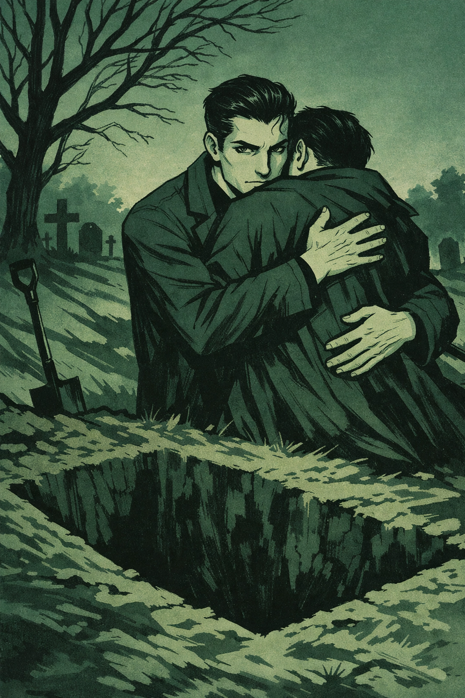 Two men embrace at grave's edge at twilight - gay psychological thriller dark romance illustration