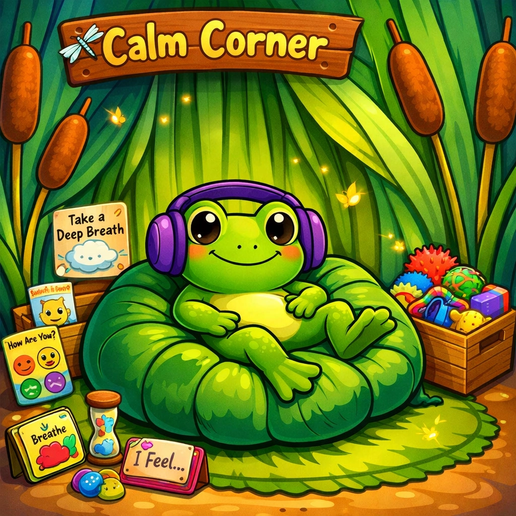 Sensory-friendly classroom calm corner with a frog character using noise-canceling headphones for student regulation.