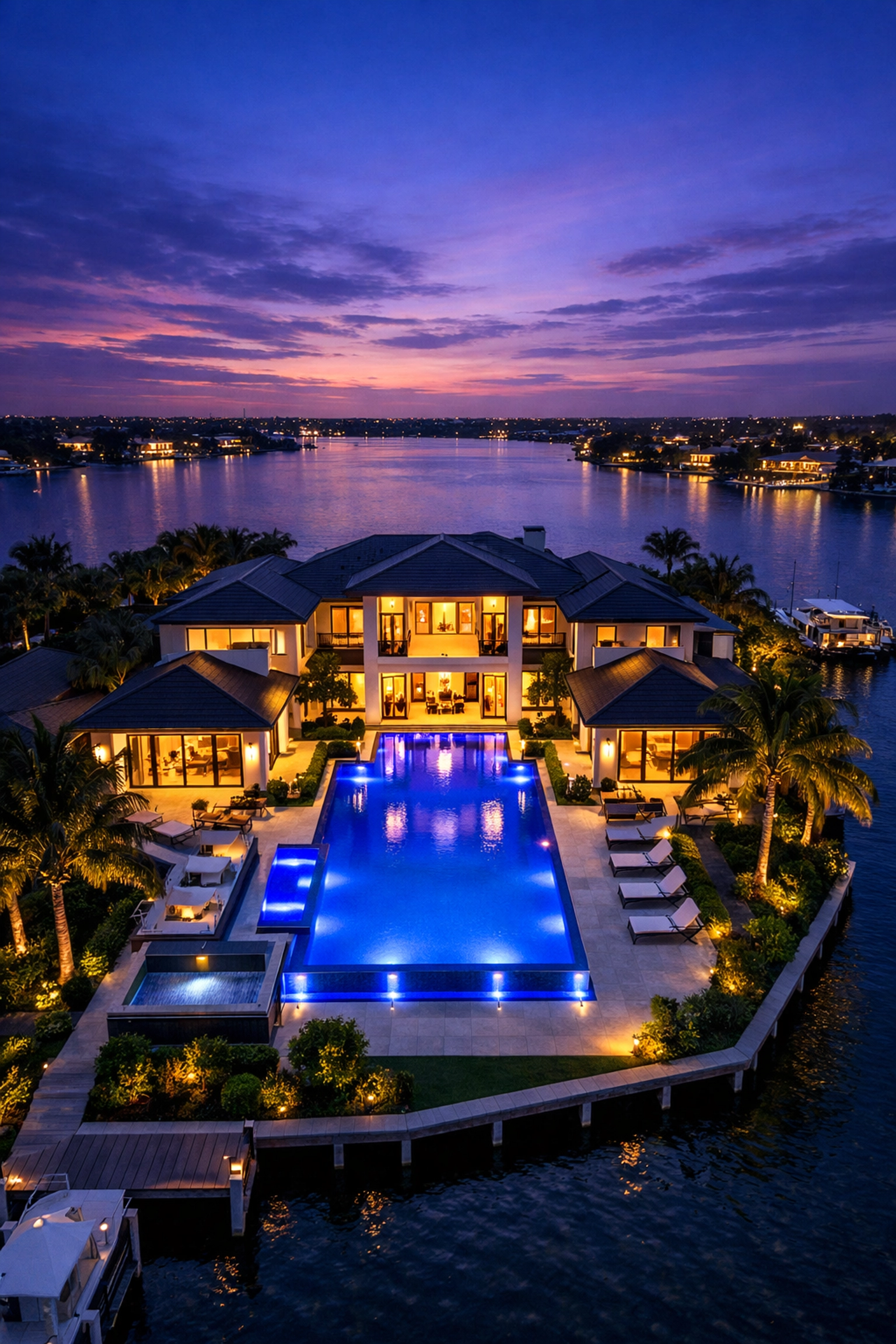 High-angle drone photography of a luxury waterfront estate at twilight, a top niche for real estate photographers.