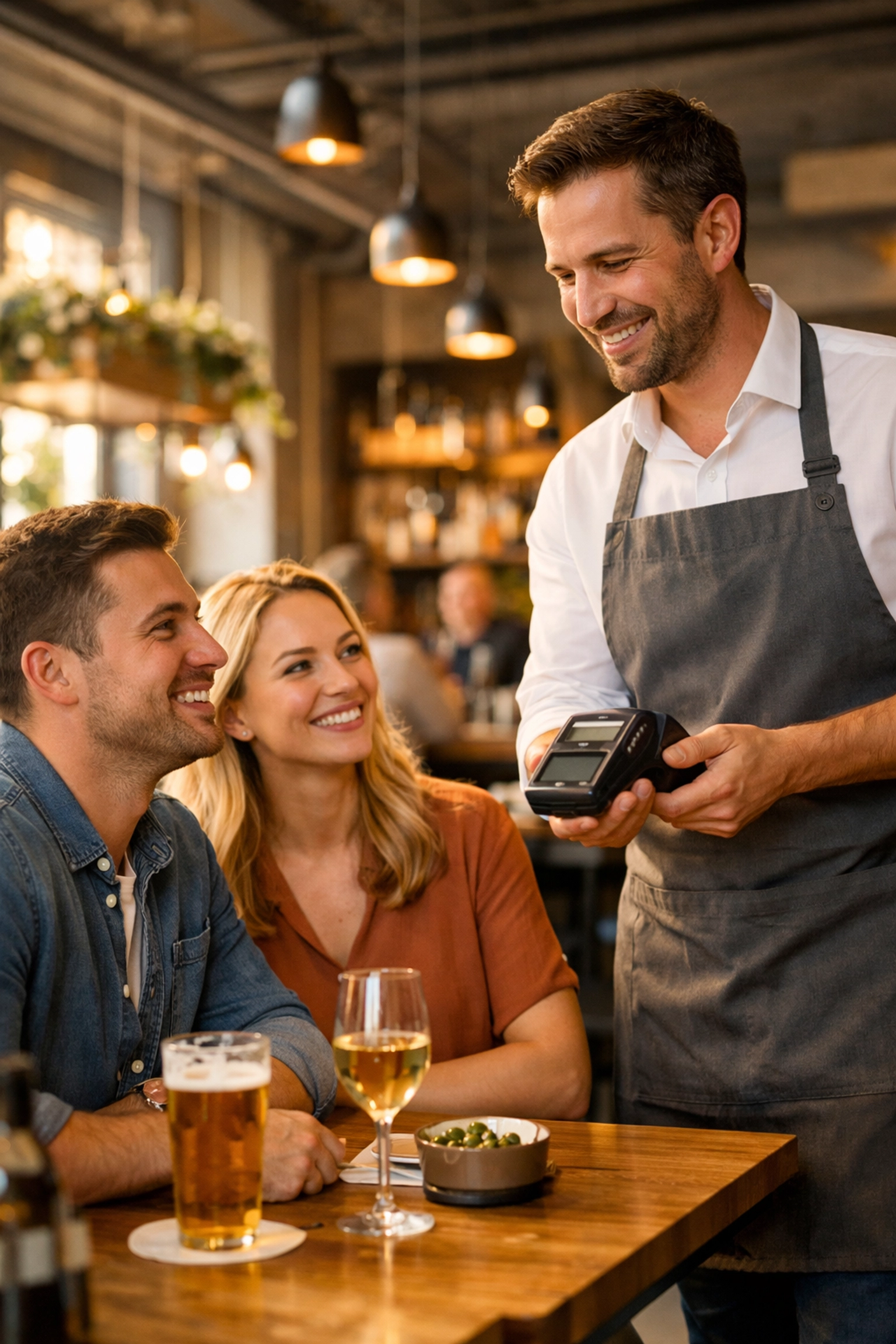 A waiter using a mobile handheld POS system to take orders directly at a restaurant table.
