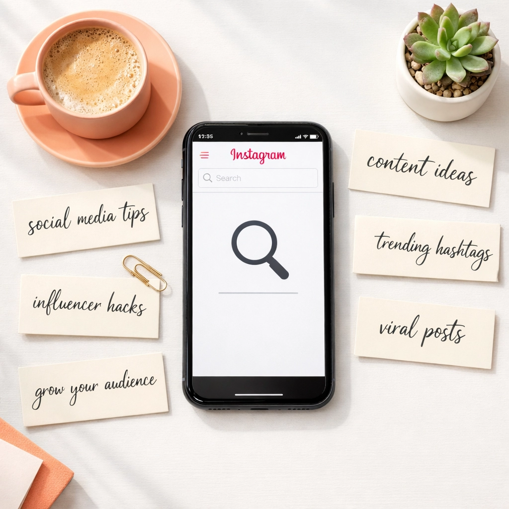 Instagram search interface on smartphone with social media keyword research notes on desk