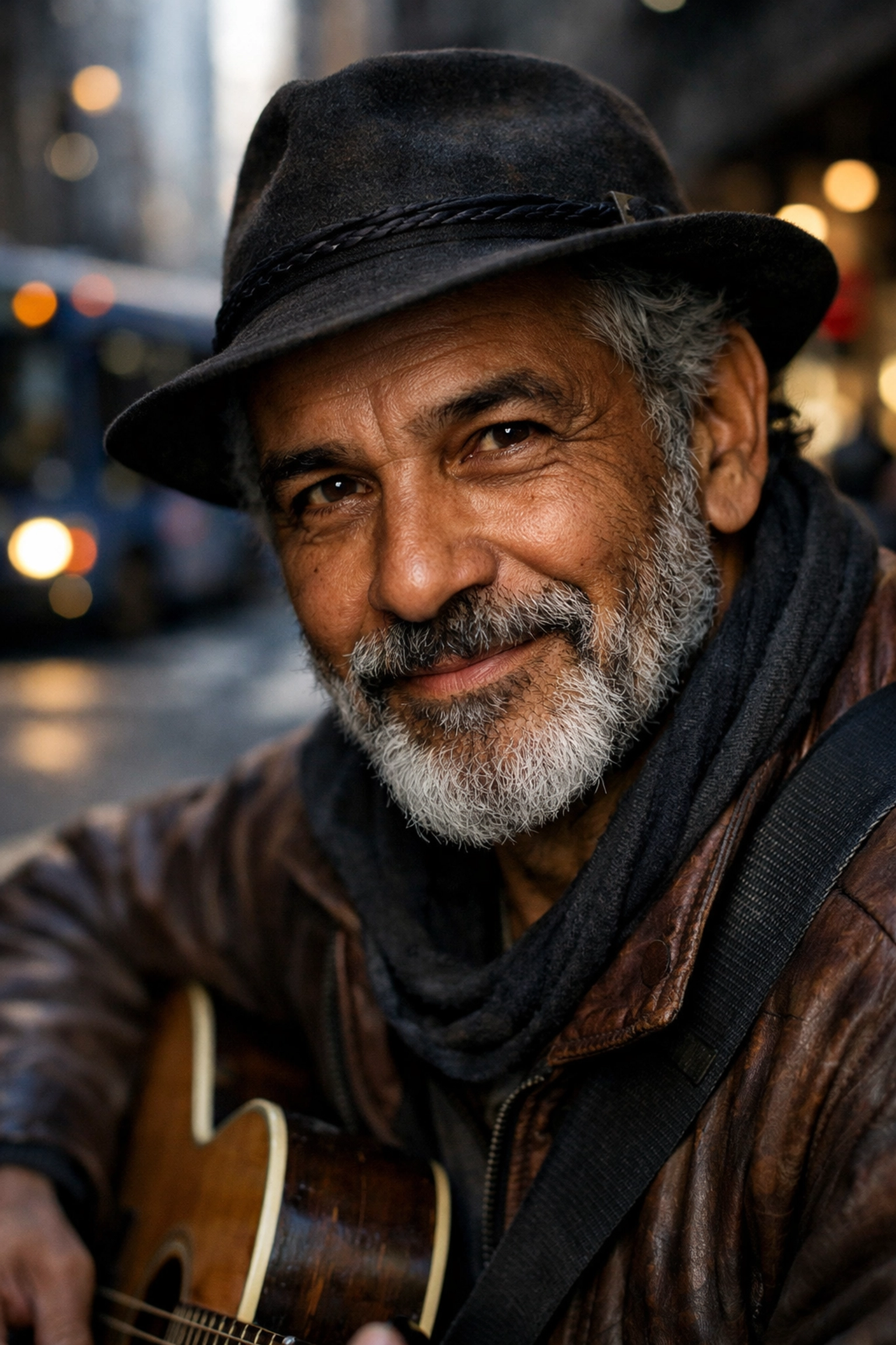 Close-up portrait of a street performer, breaking creative block with street photography ideas.