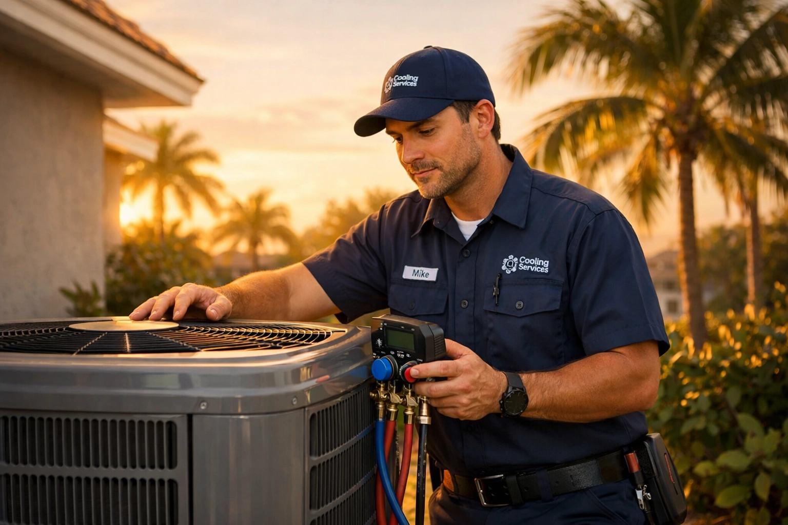 Professional Florida HVAC technician inspecting a unit, highlighting the need for hvac business loans.