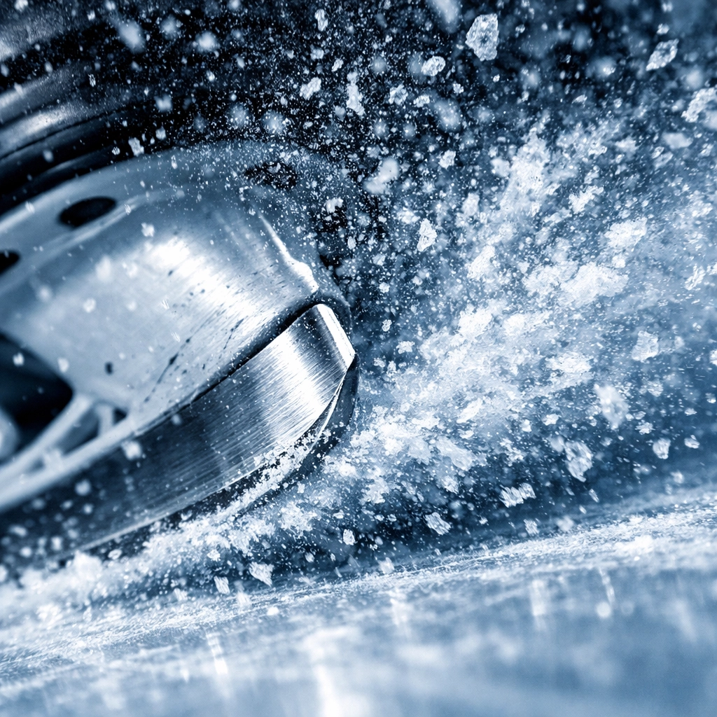 Hockey skate blade carving ice to symbolize team momentum and performance trends for the Panthers and Flames.