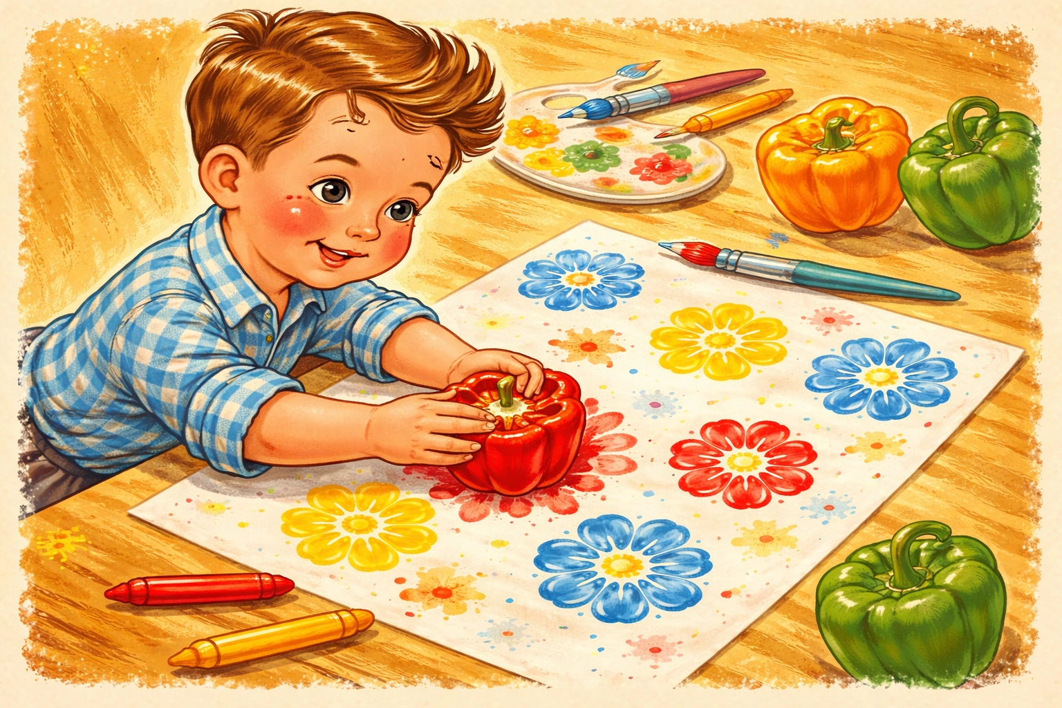 Child pressing a bell pepper stamp onto paper to make colorful, flower-like vegetable prints