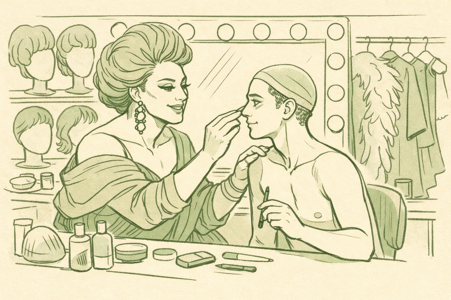 Backstage drag mentorship in dressing room showing LGBTQ+ community knowledge sharing