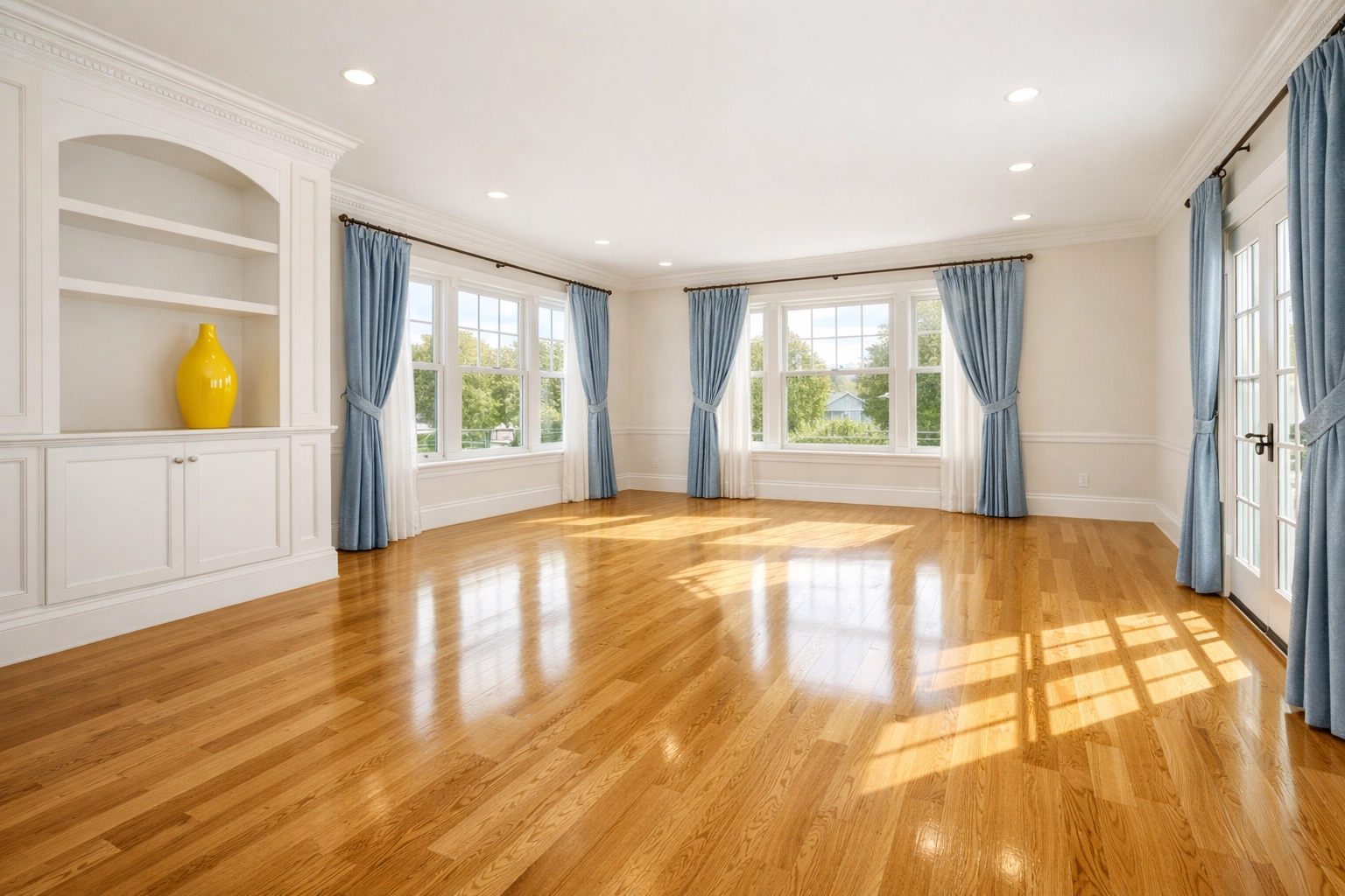 A pristine empty living room in a Massachusetts home featuring clean hardwood floors after a professional move-in cleaning.