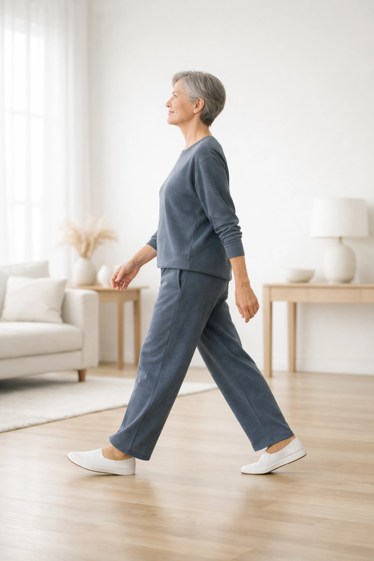 Middle-aged adult walking with perfect posture and balance after successful non-invasive sciatica relief.