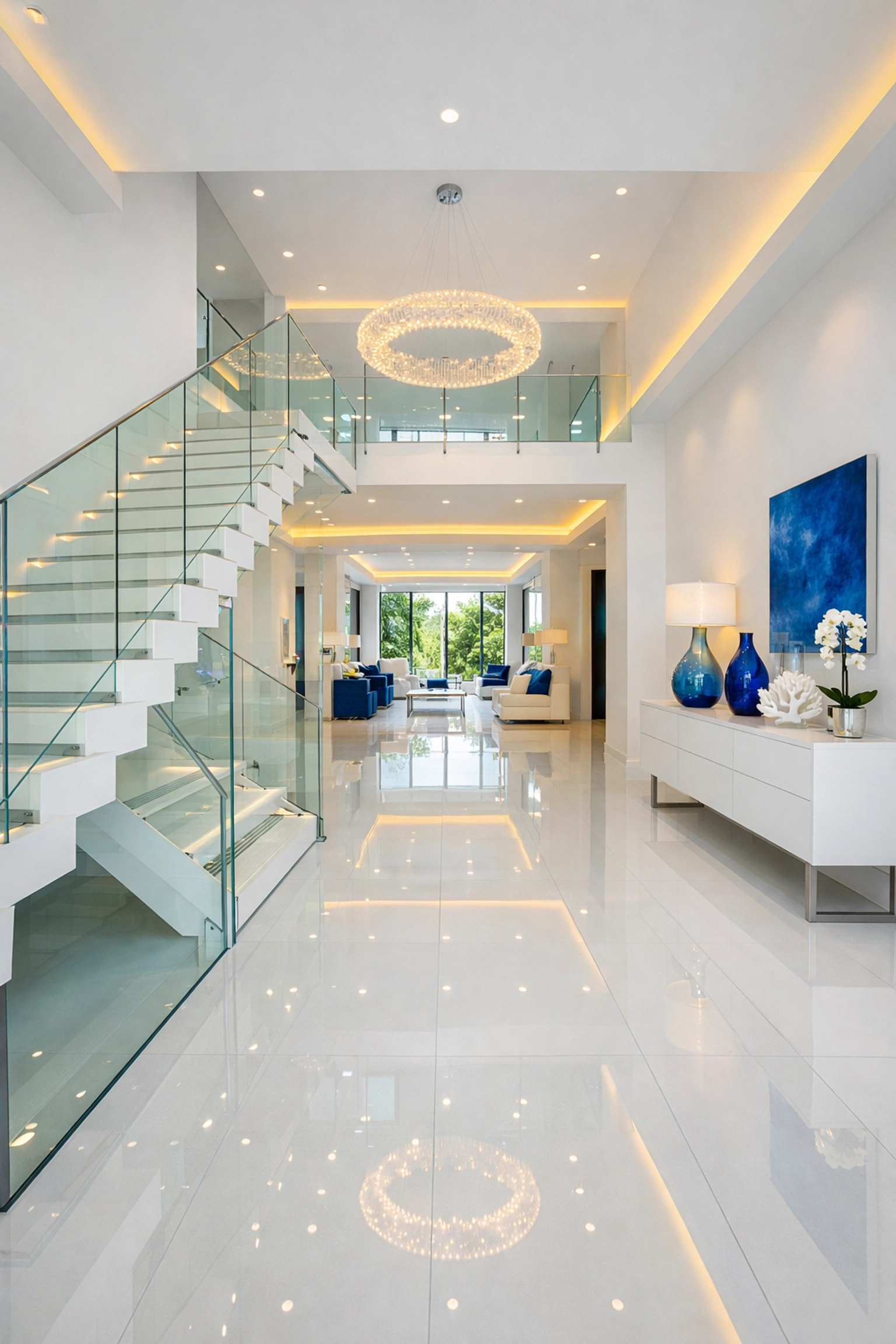 Immaculate foyer and staircase reflecting the best residential cleaning Massachusetts has to offer.
