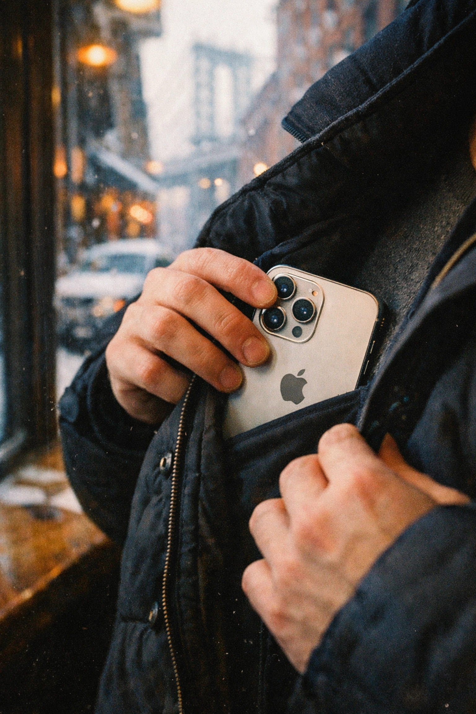 Keeping iPhone warm in winter coat pocket at Brooklyn café to prevent cold weather battery drain
